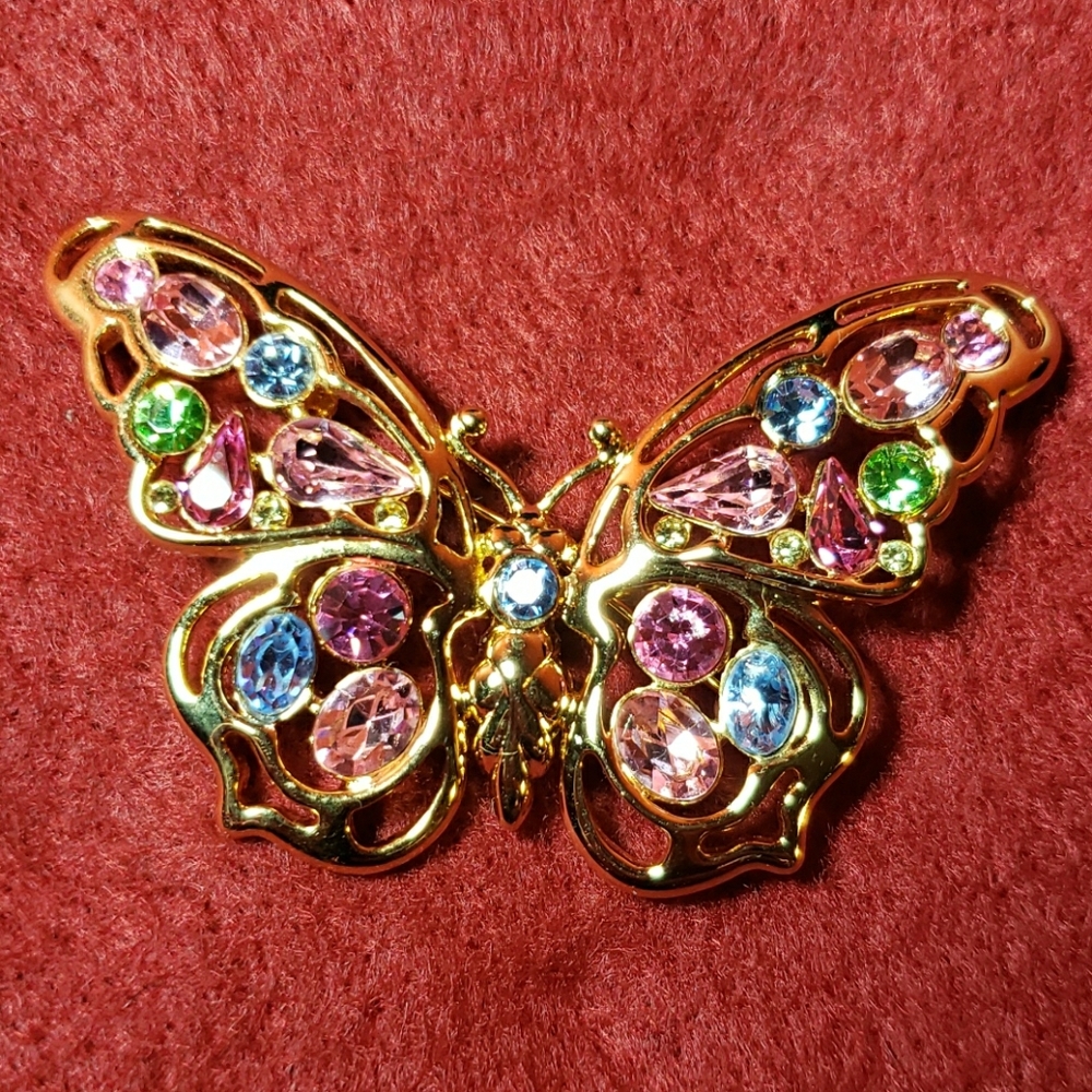 Gold Rhinestone Butterfly Brooch